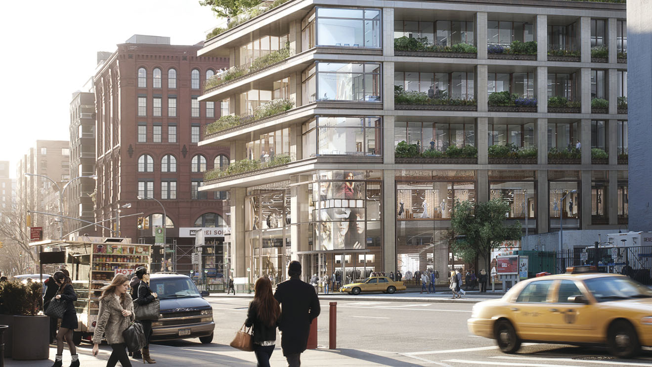 Rendering of an office building with outdoor patio spaces on each floor with lots of plantings on each one