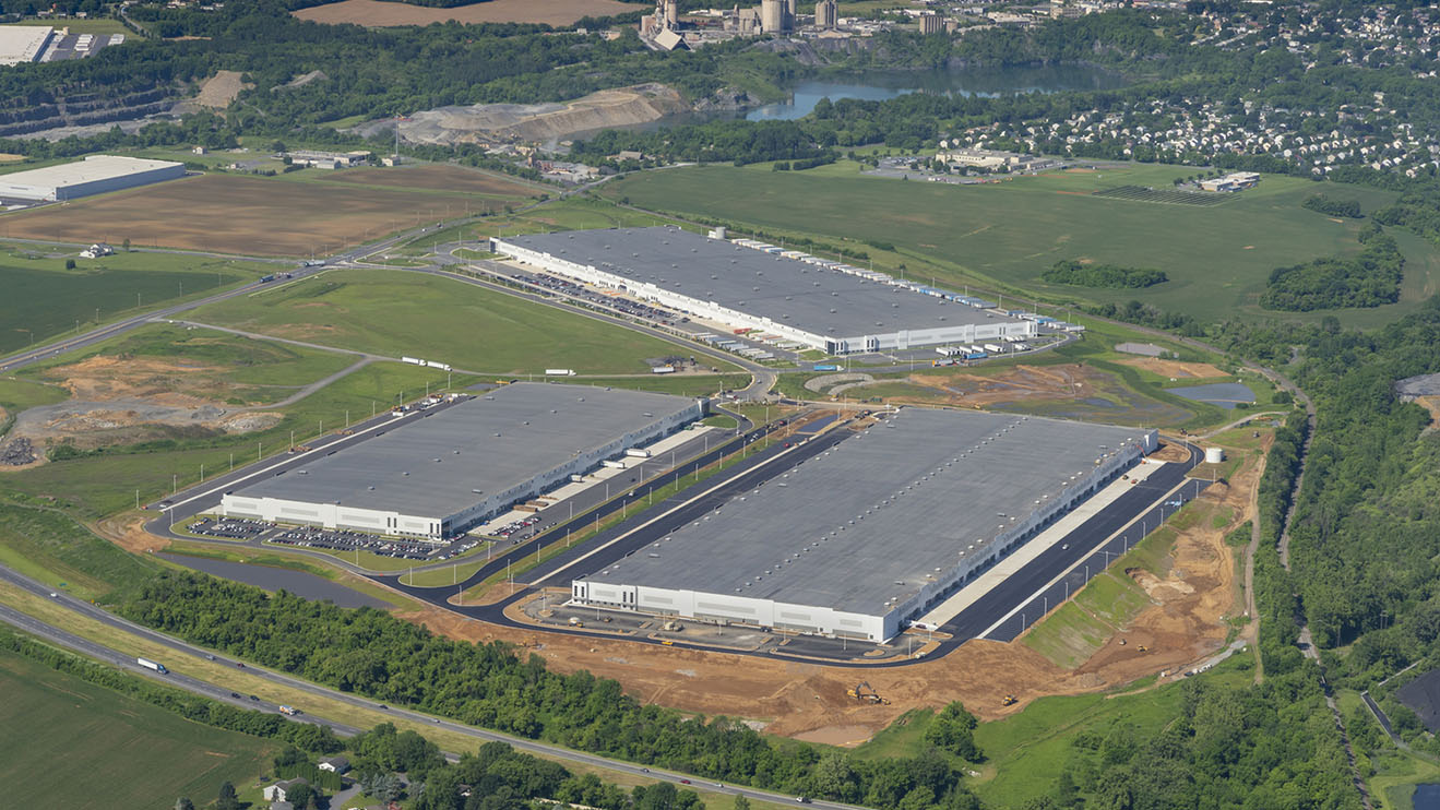 Aerial view of a 3-building logistics and industrial complex in PA