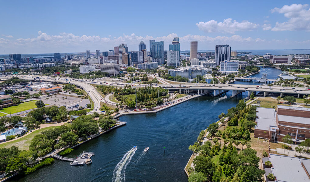 Beautiful aerial view of the Tampa bay City, it's Skyscrapers and Ybor city