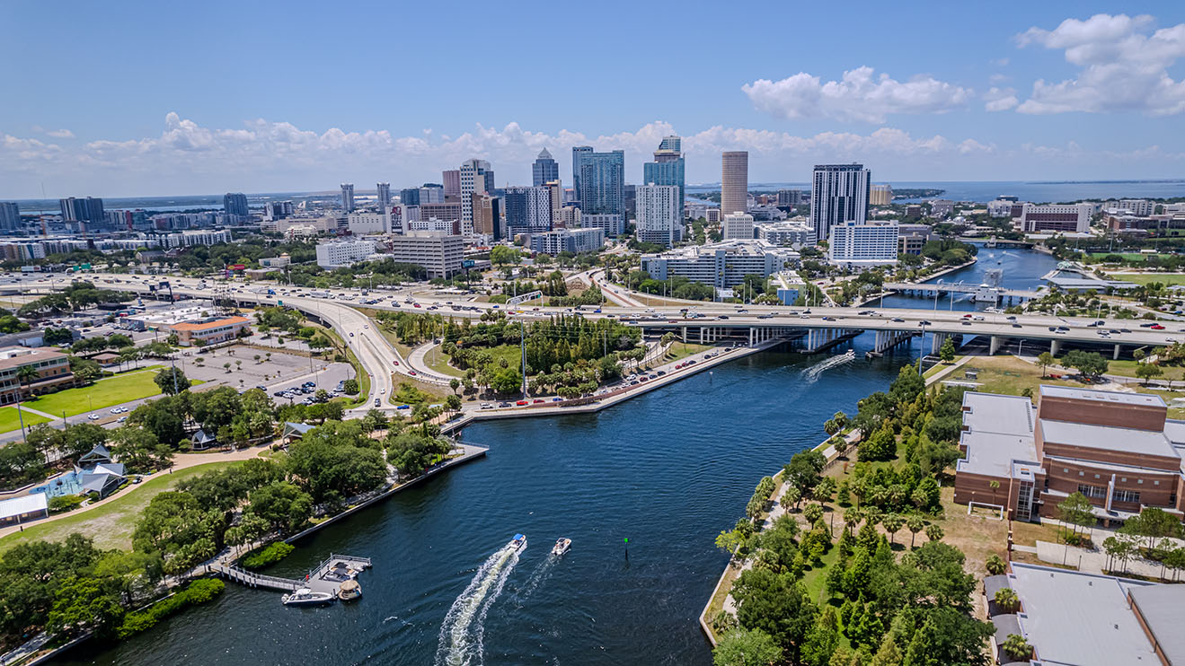 Beautiful aerial view of the Tampa bay City, it's Skyscrapers and Ybor city