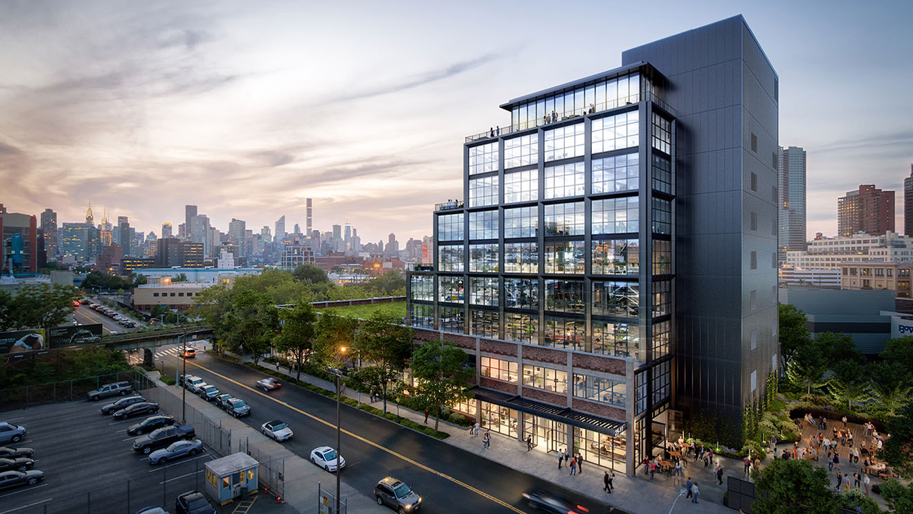 Rendering of a stepped office tower with lots of glass in NYC