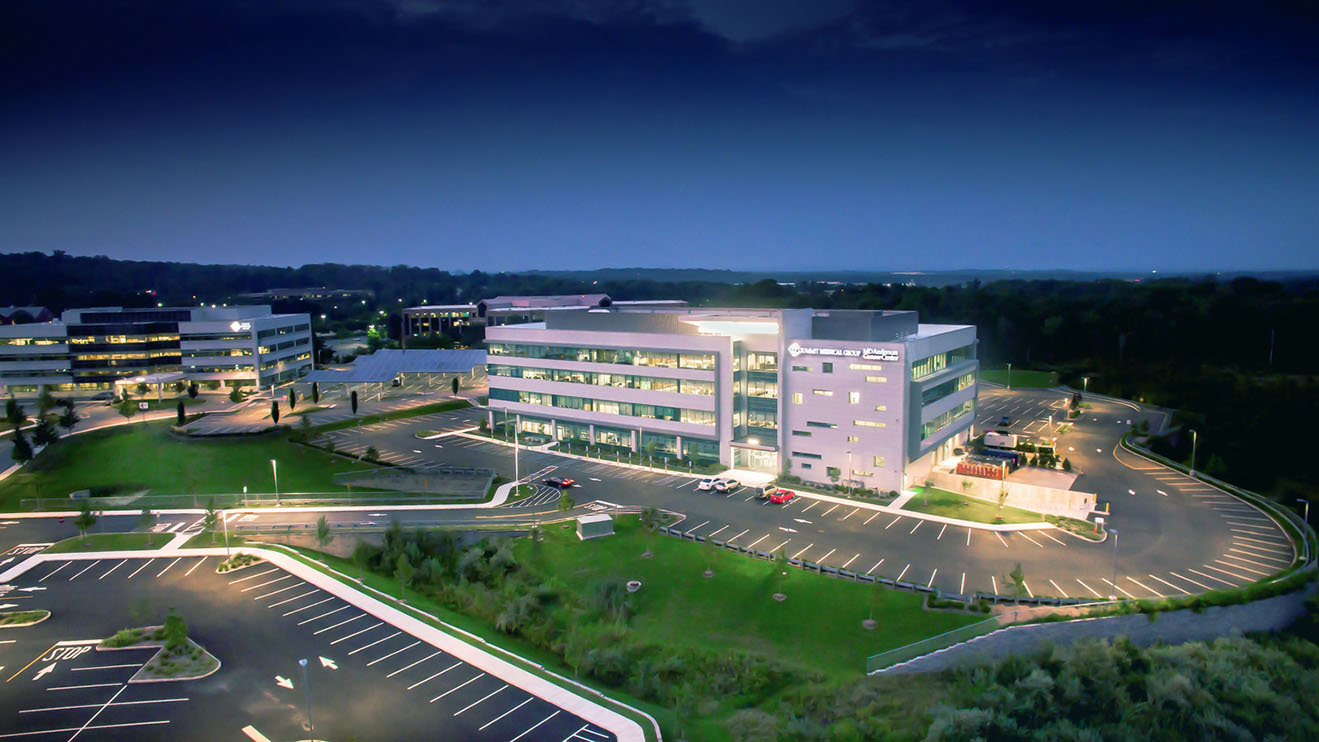 Birds eye evening view of the MD Anderson Cancer Center in NJ