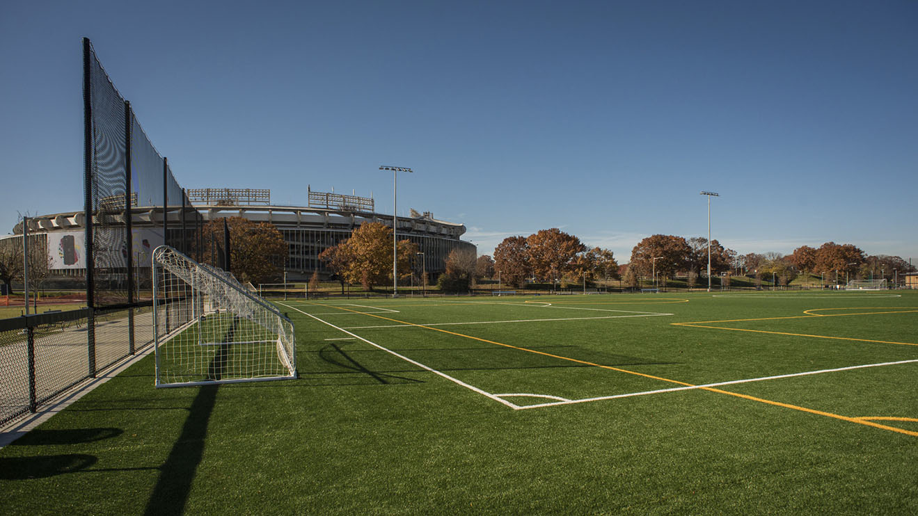 A turf soccer field with lines, lighting, nets