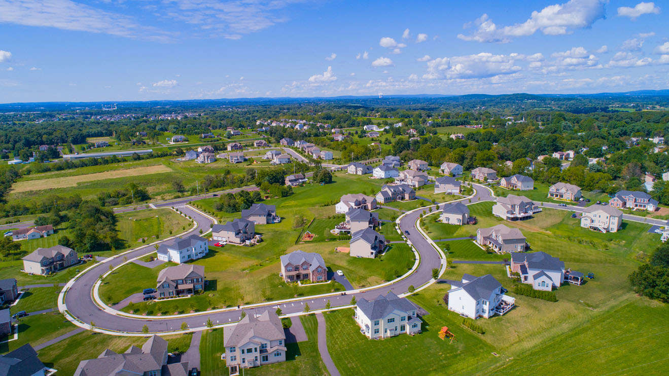 An aerial of a residential subdivision with large lots