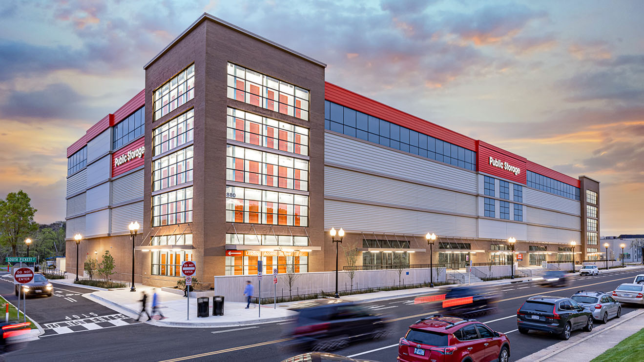 Public storage facility at dusk