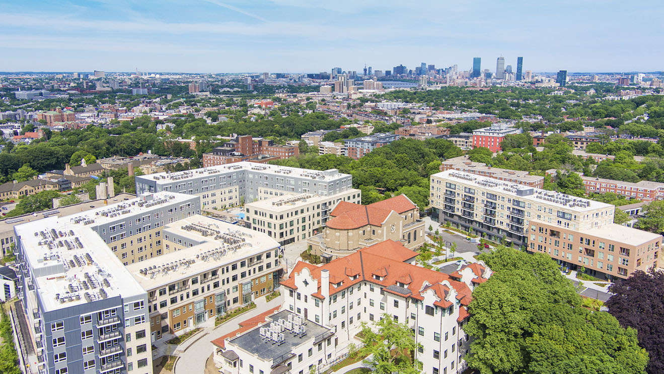 Aerial of St. Gabriel's monastery redevelopment in Boston