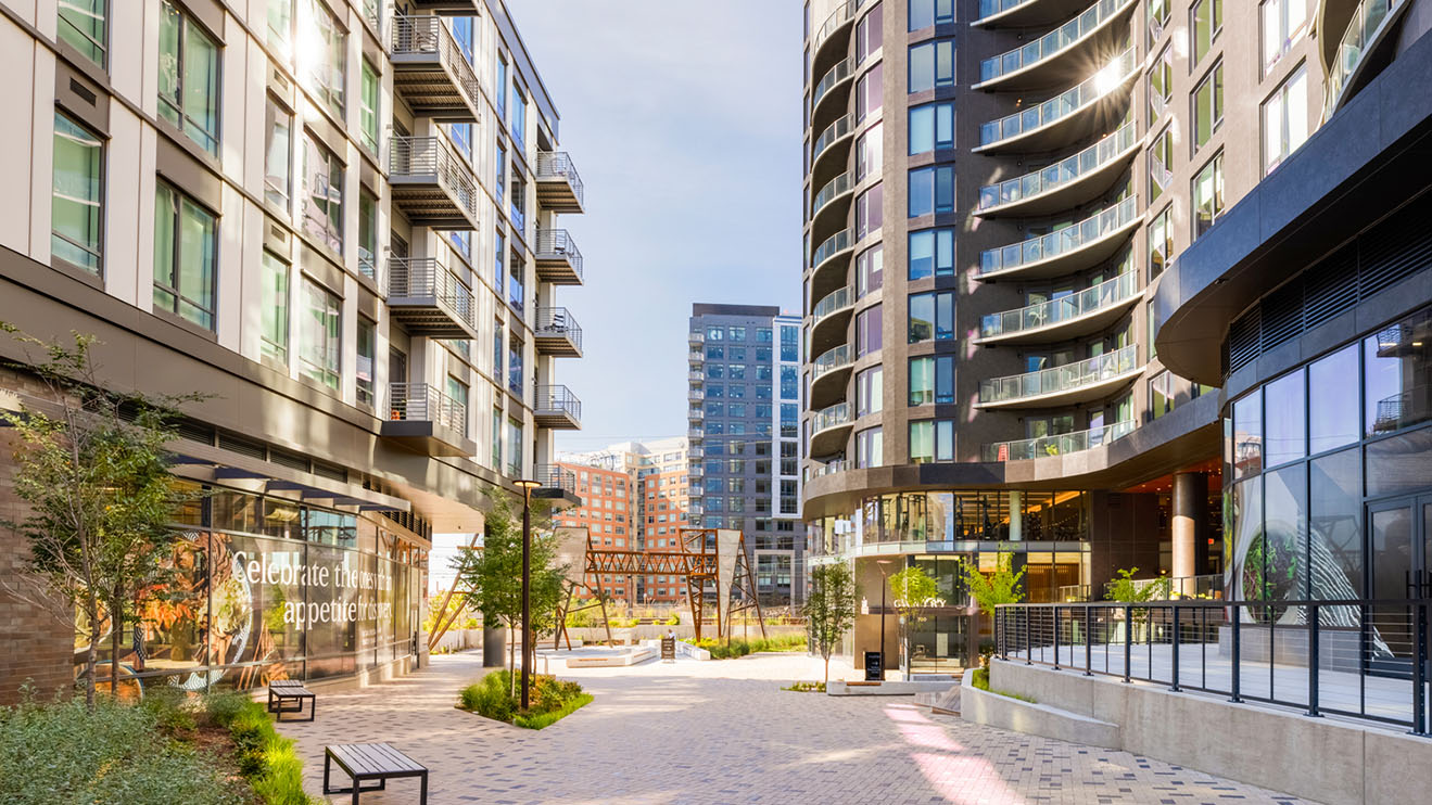 Looking in between buildings at the Market Terminal mixed-use development in DC