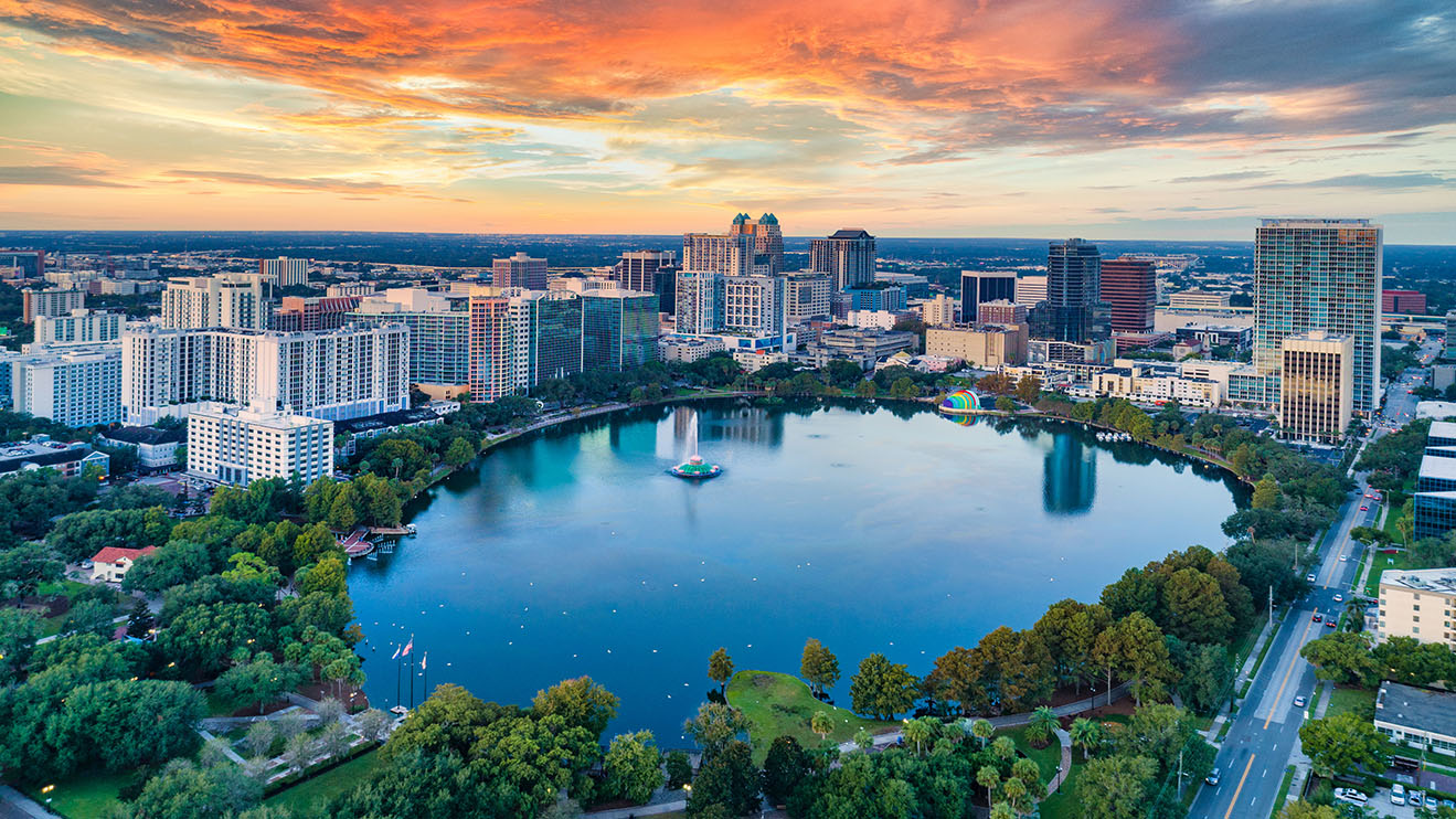 Orlando, Florida, USA Downtown Drone Skyline Aerial.