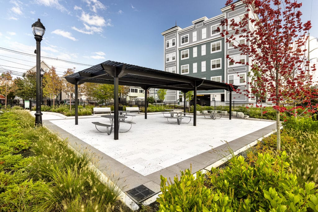 Plaza with seating and shade structure