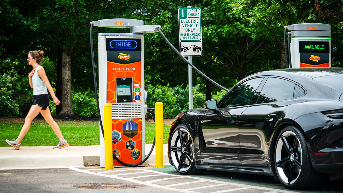 Living a Modern Healthy and Sustainable lifestyle , while Charging the Electric Porsche Taycan , go for a walk and enjoy nature and the walking trails around Austin , TX while the car charges on a Chargepoint DC Fast Charging Station.