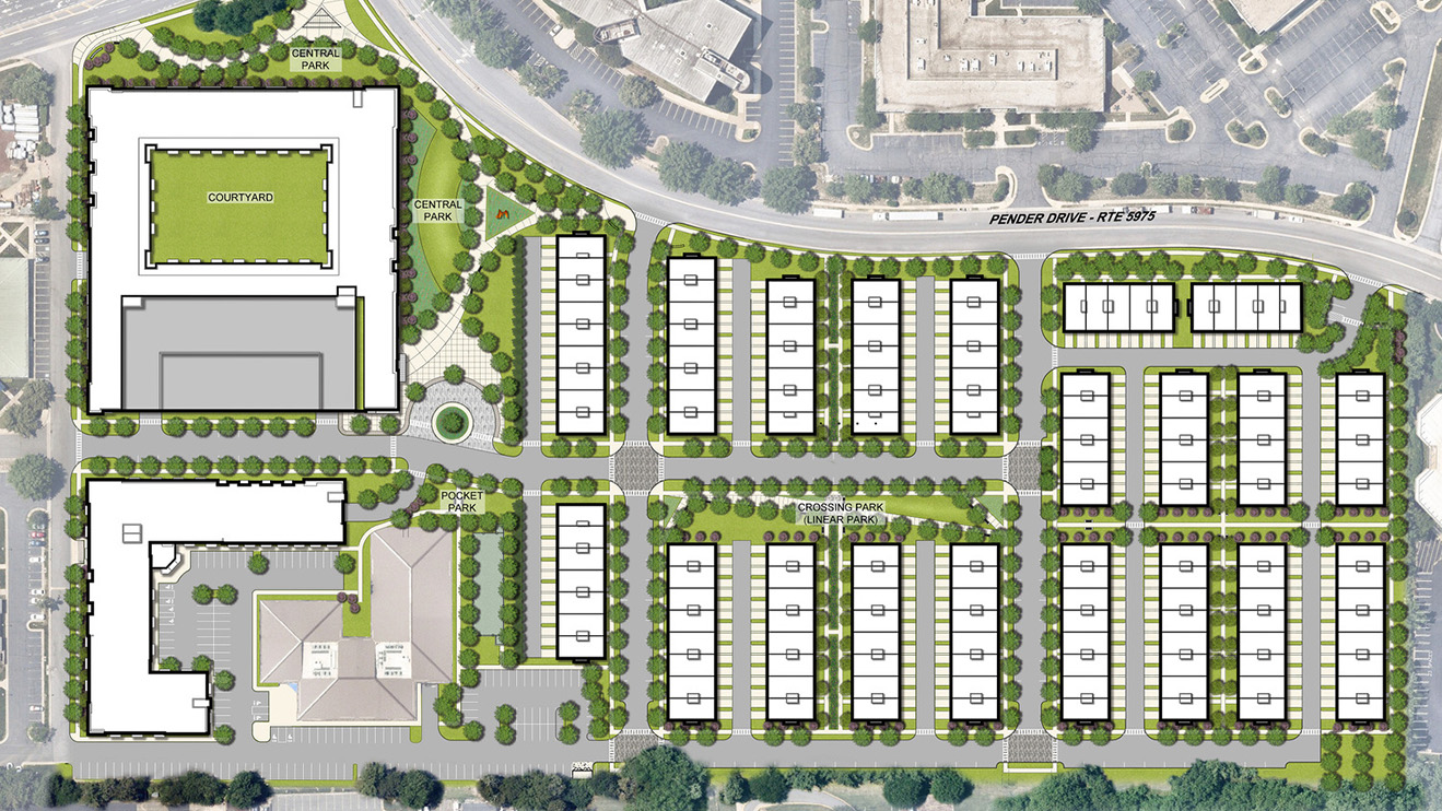 Aerial rendering of a multibuilding mixed-use development in Fairfield, VA