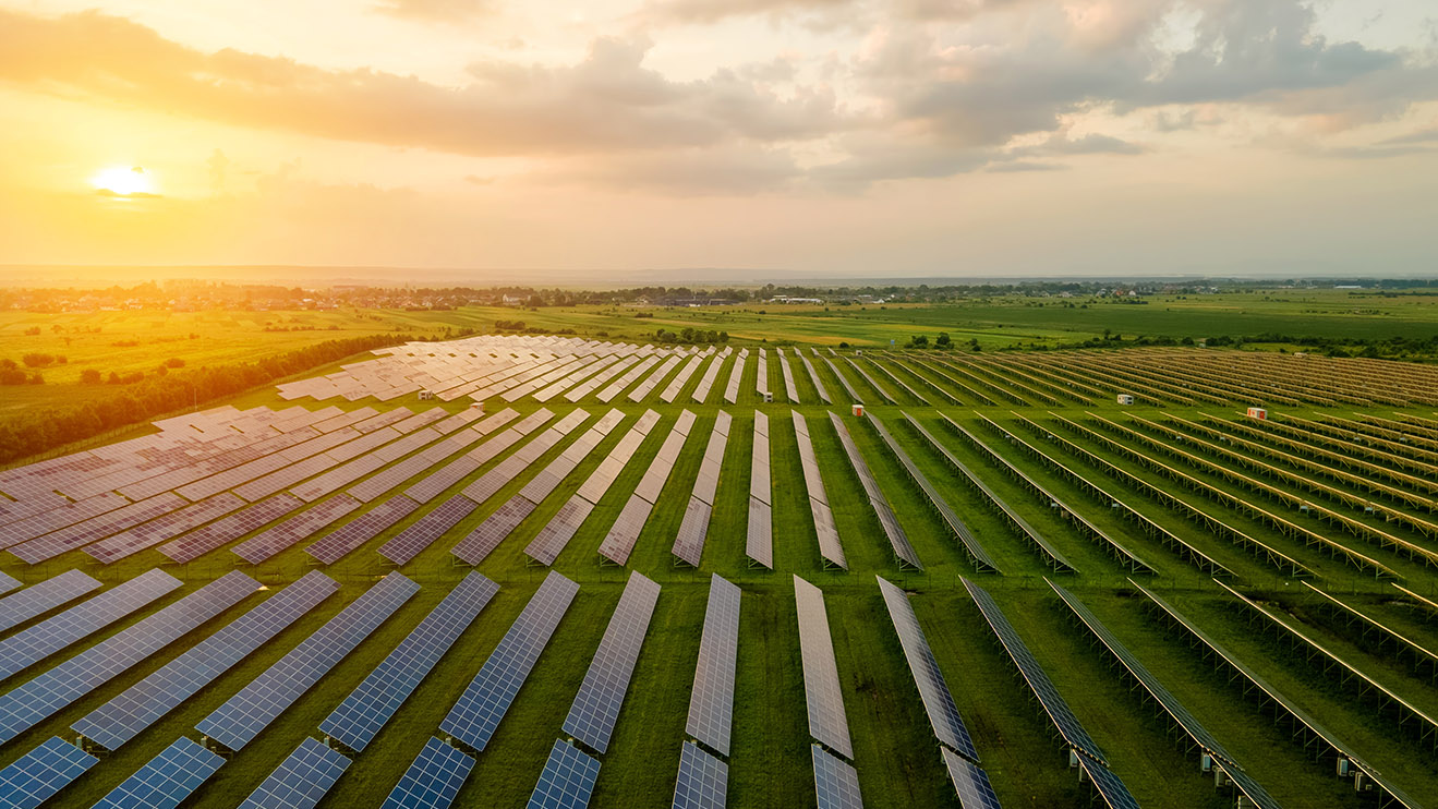 A vast solar field at sunset