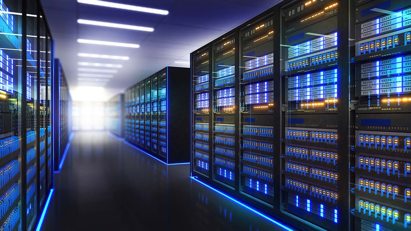 Shot of Data Center With Multiple Rows of Fully Operational Server Racks. Modern Telecommunications, Artificial Intelligence,large server area,3d rendering