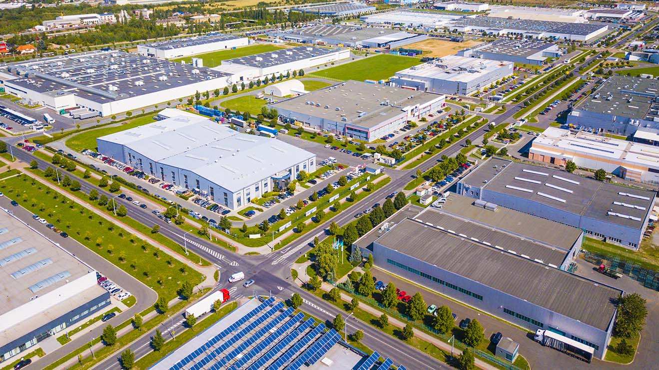 Aerial view of industrial zone and technology park on Bory suburb of Pilsen city in Czech Republic, Europe. Industrial fields from above