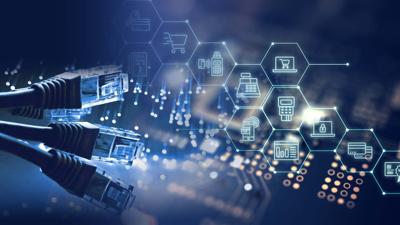 Internet fiber cables connecting data to servers with technology icons, data transformation concept