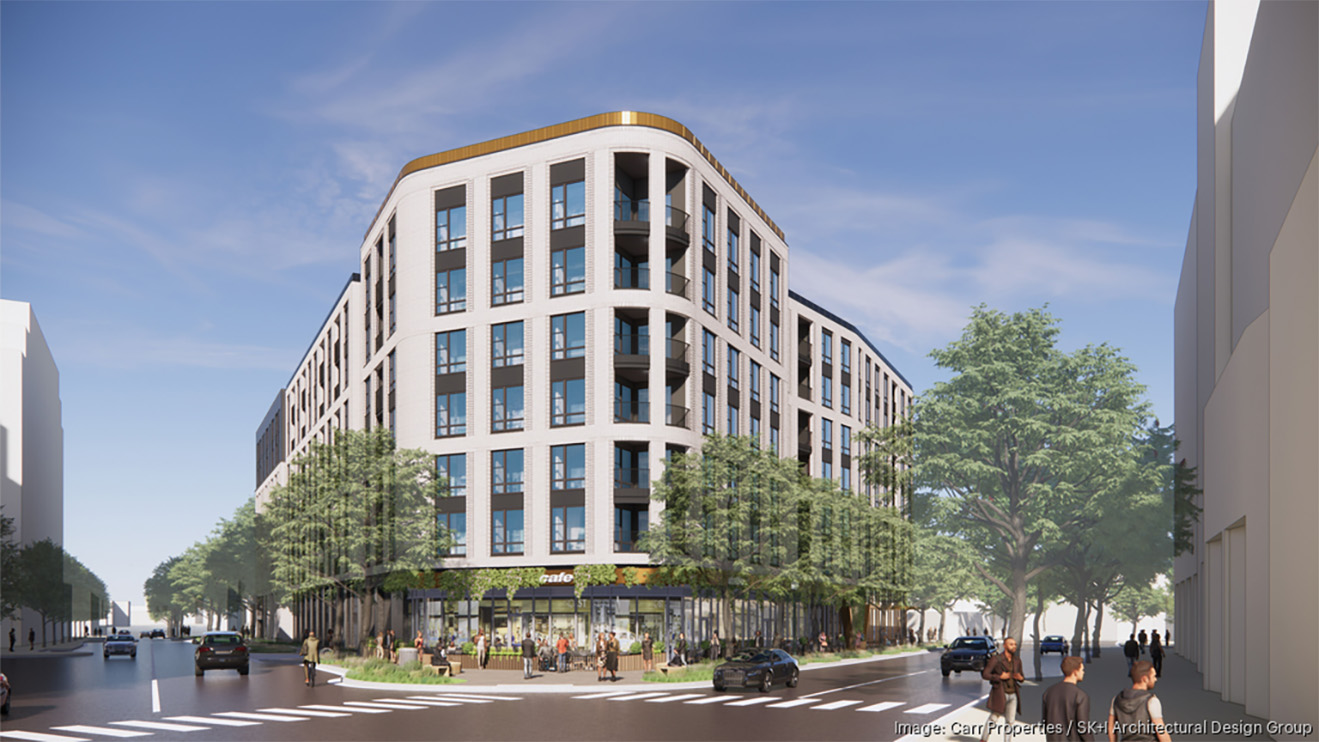 Architect's rendering of a multistory multifamily building in Arlington, VA