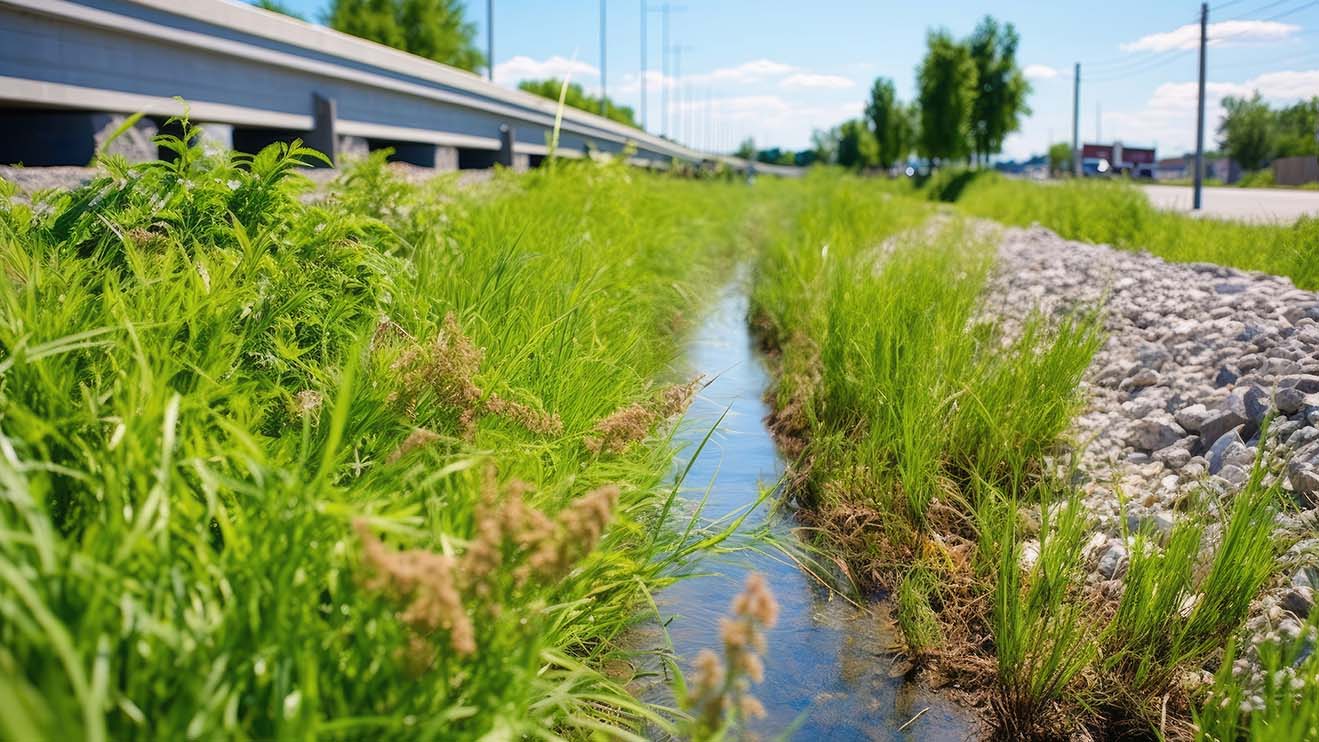 Water flowing through a natural stormwater trench