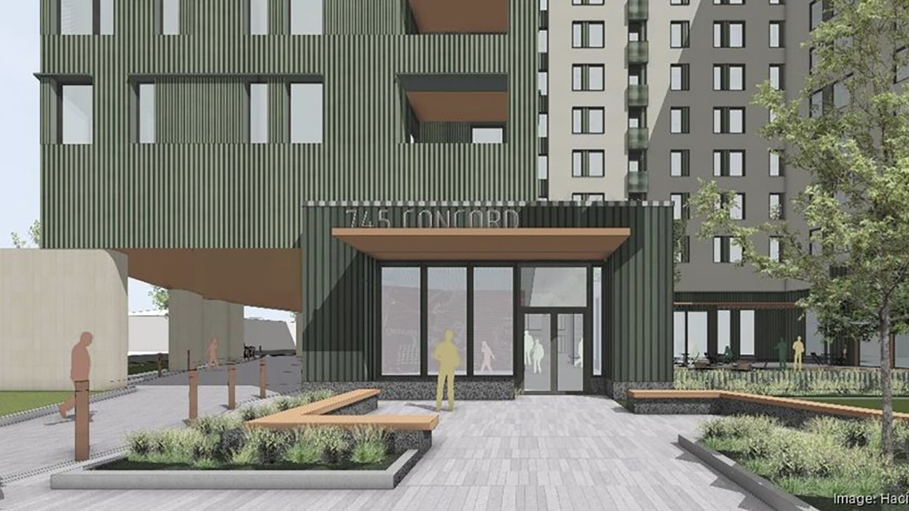 Architect's rendering of a multifamily redevelopment in Alewife, MA