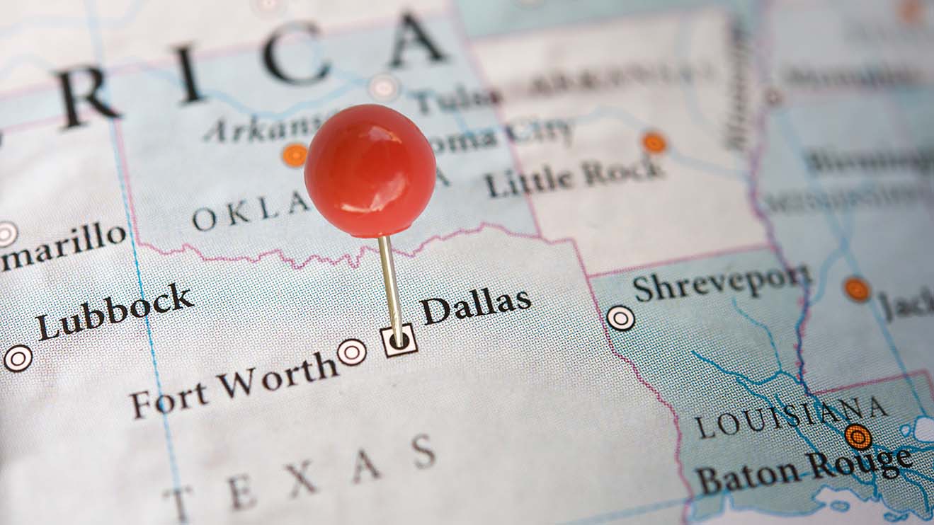 A map of the Dallas-Fort Worth area with a pin pointing to Dallas