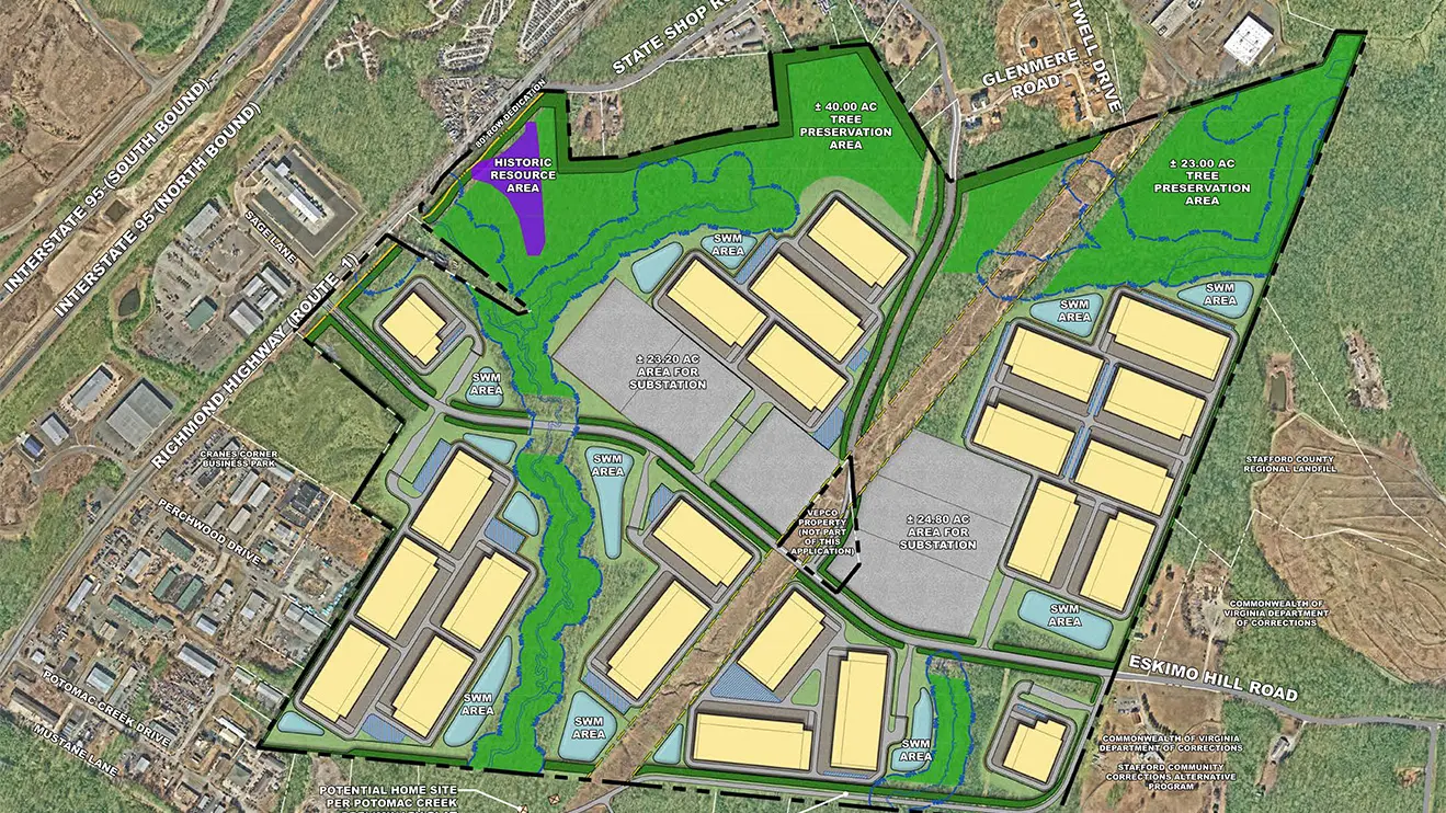 Site plan rendering of a multi-building data center technology park in Stafford, VA