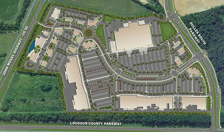 Two-dimensional site plan rendering of the large Dulles Landing retail shopping center