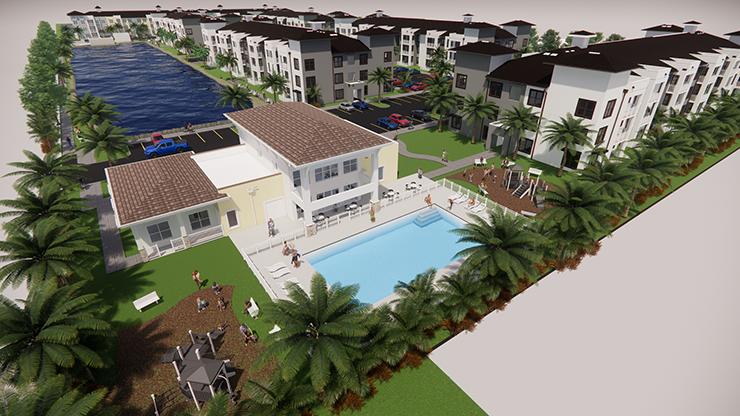 Arial rendering of the pool amenity in an affordable housing community in Tampa FL