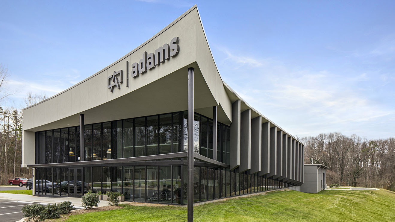 Unique modern office building with lots of windows and unique architecture