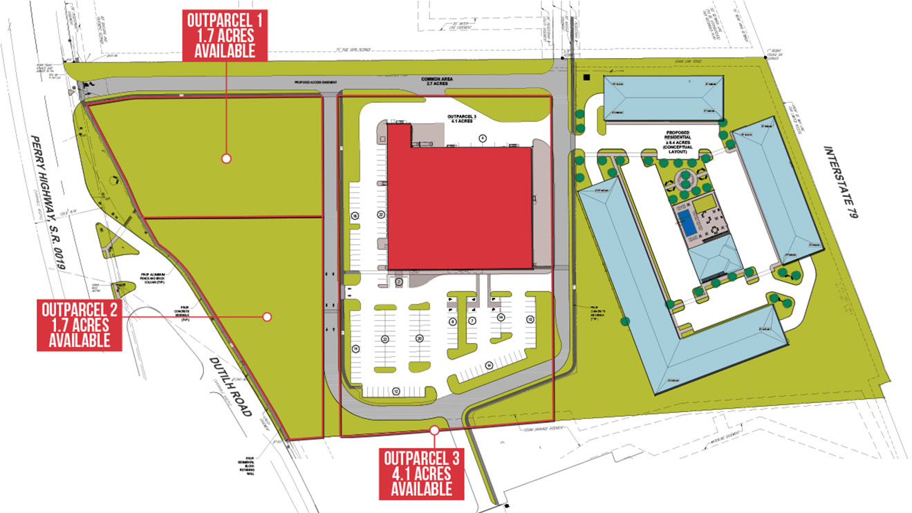 A site plan rendering of a proposed mixed-use development with retail and multifamily uses