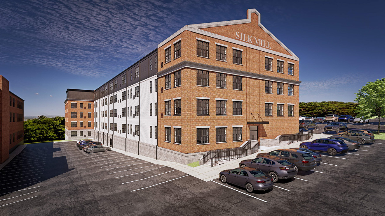 A rendering of the proposed adaptive reuse of the former Silk Mill factory in Bethlehem, PA to a multifamily building