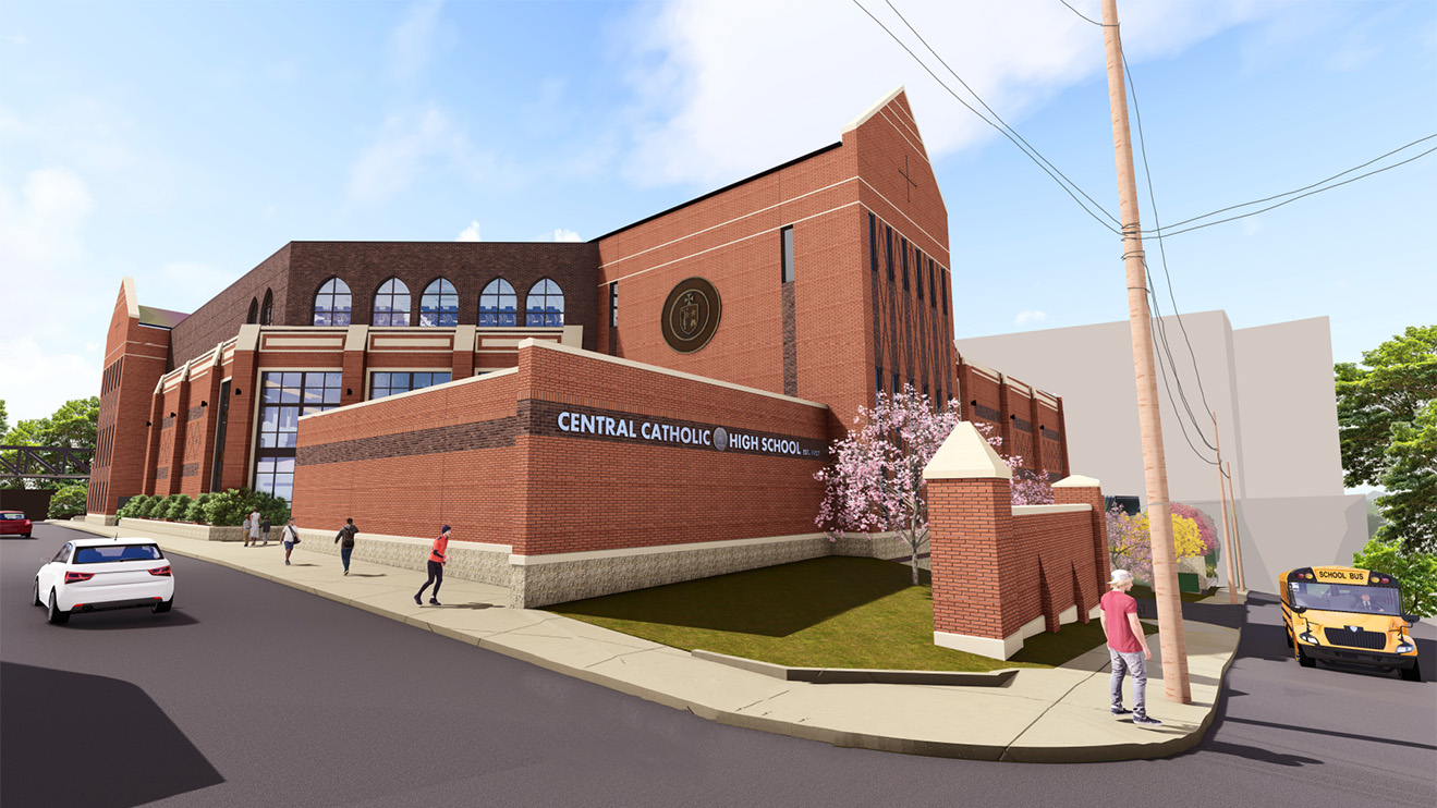 An architect's rendering of a Catholic high school building, exterior