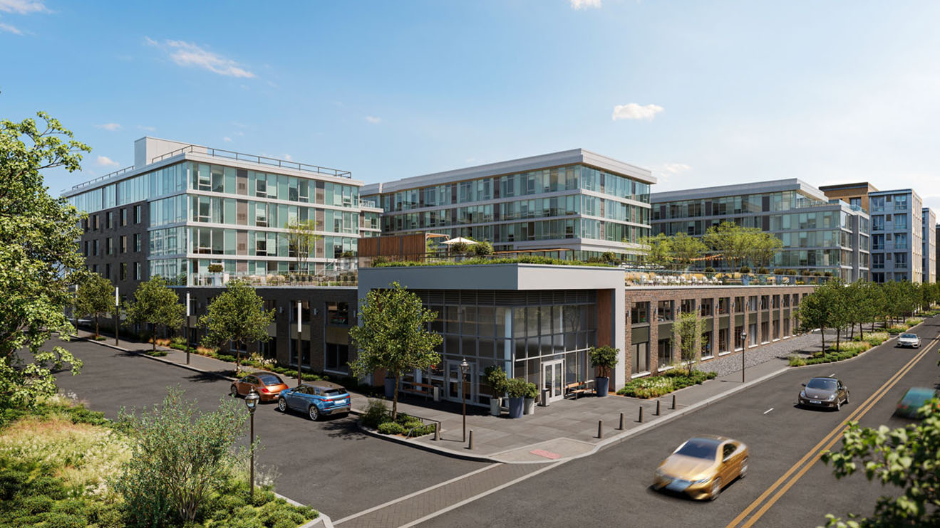 Architectural rendering of a large multi-building luxury apartment complex, urban