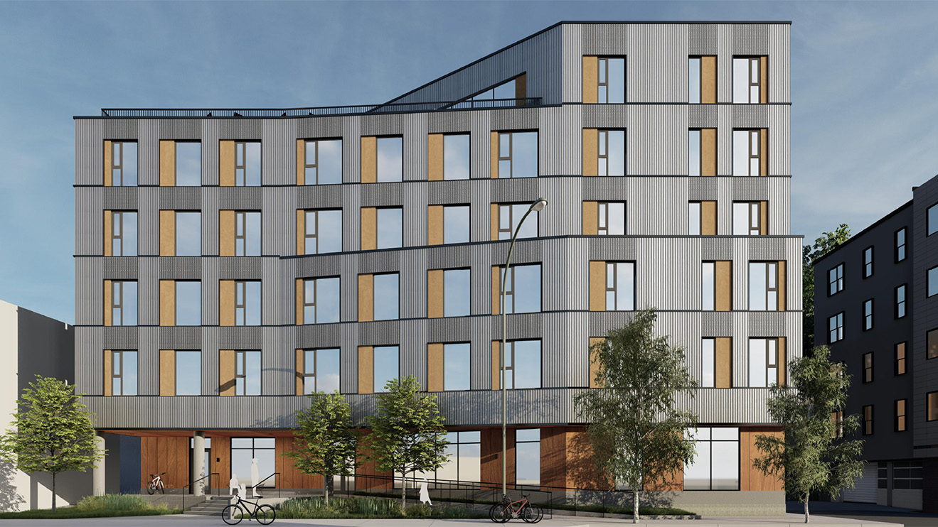 Architectural rendering of a multi-story affordable housing building in Boston, MA