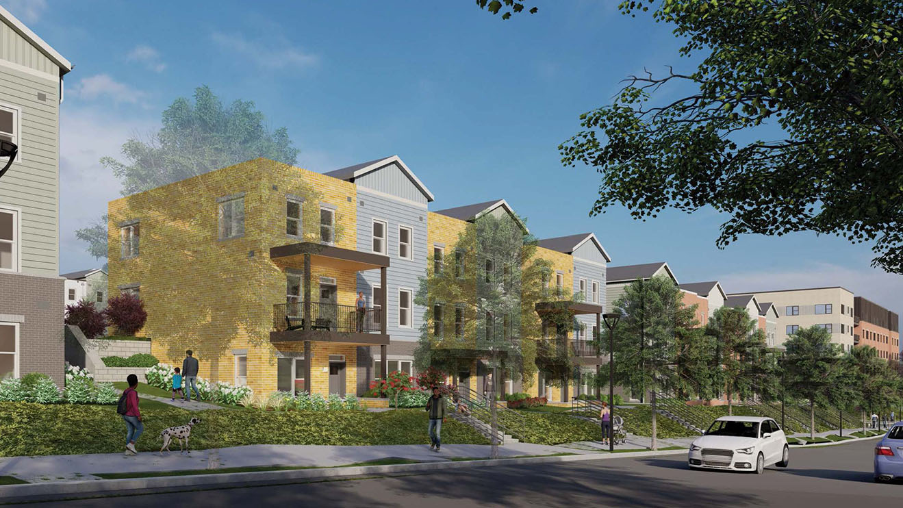 Architect's rendering of a multifamily street, street trees, town homes