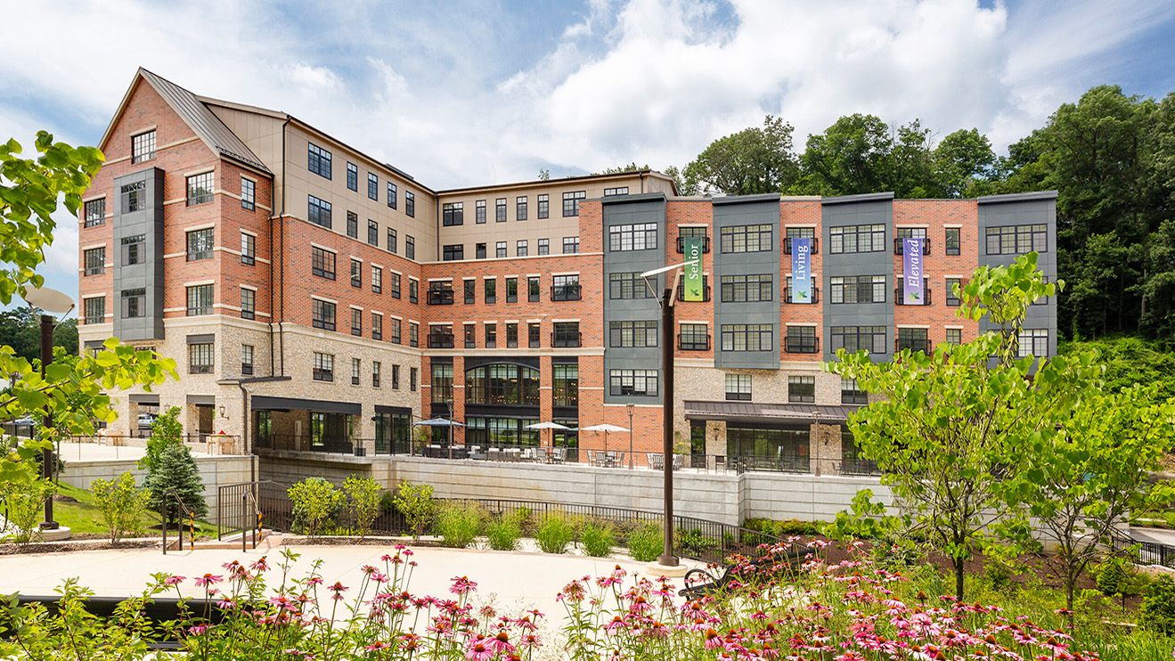 A multi-story senior living apartment complex