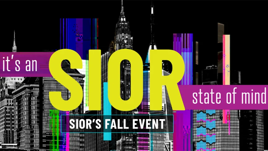 Graphic for SIOR’s Fall Event featuring a city skyline with vibrant neon accents and the slogan, “It’s a SIOR state of mind.”