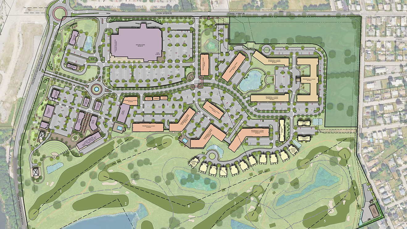 Site plan rendering of a multi-building, mixed-use redevelopment plan