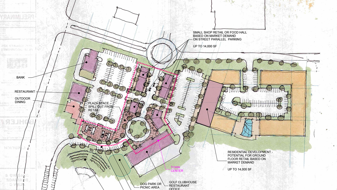 Site plan sketch of a multi-building, mixed-use redevelopment plan