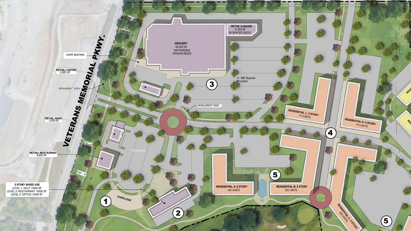 Site plan rendering of a multi-building, mixed-use redevelopment plan