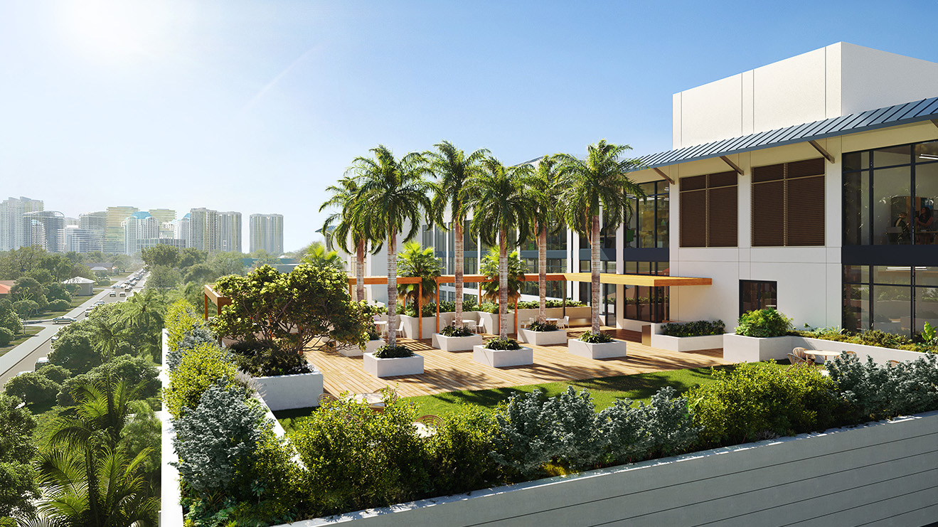 An architect's rendering of a low-rise multifamily building in Miami, FL