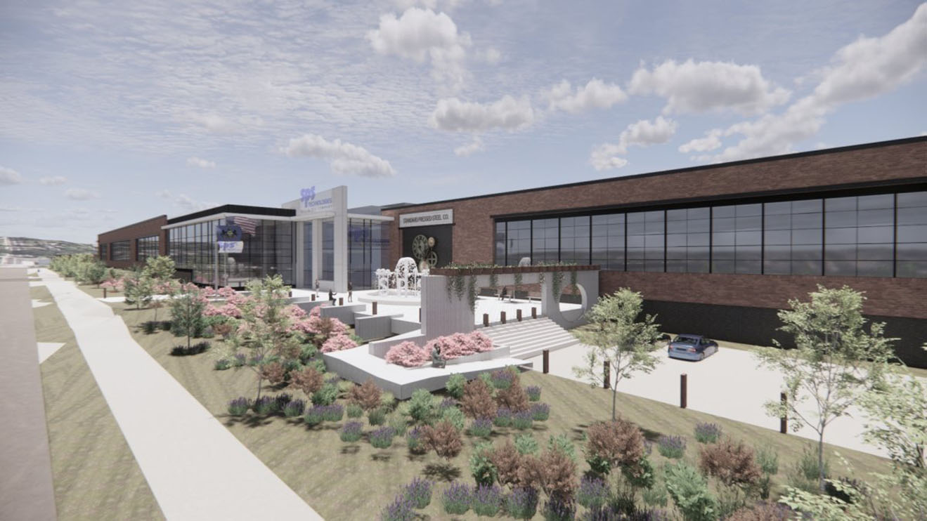 Architect's rendering of a new advanced manufacturing facility, one-story industrial building