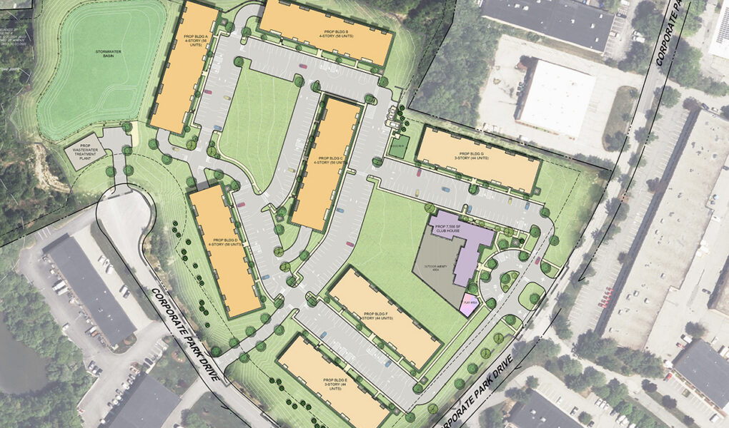 Site plan rendering of a multi-building multifamily development in Pembroke, MA