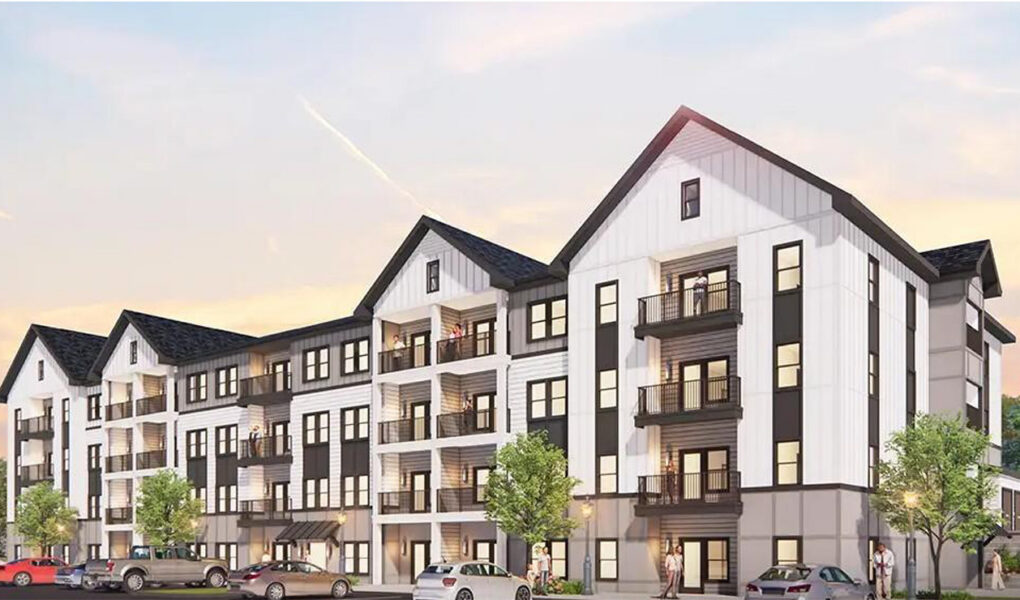 Architectural rendering of four-story multifamily building
