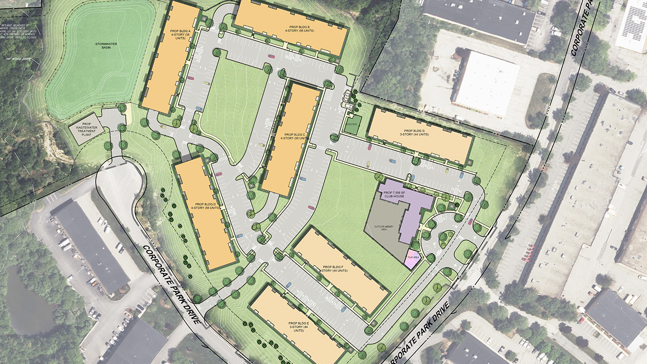 Site plan rendering of a multi-building multifamily development in Pembroke, MA